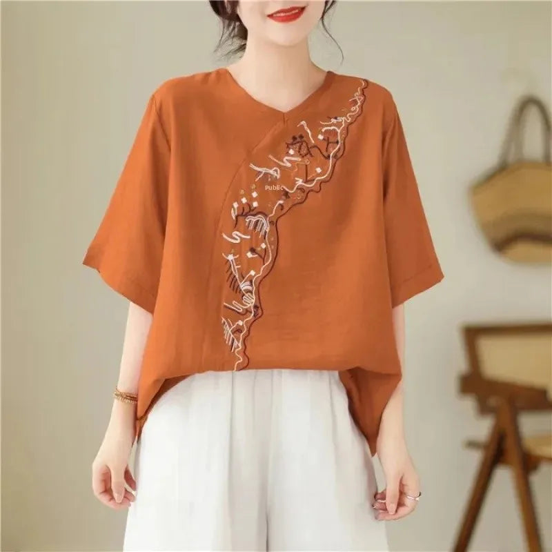 Lotus Whisper Embroidered Tea Blouse Rich Allure