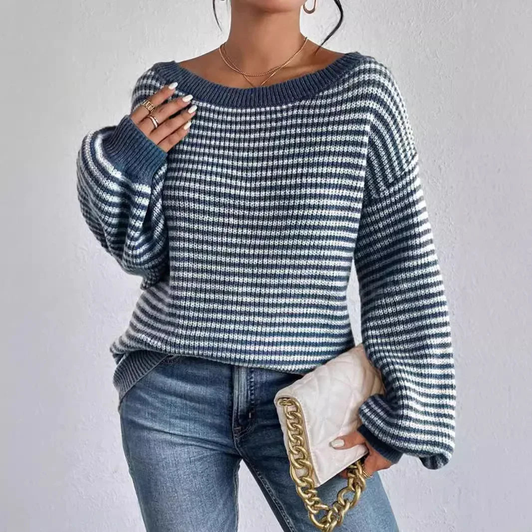 Stripe Lace Lantern Sleeve Knit Top