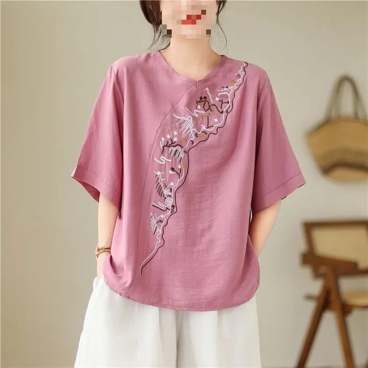 Lotus Whisper Embroidered Tea Blouse