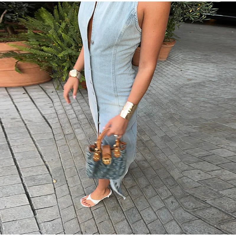 Urban Edge Denim Slit Maxi Dress Rich Allure