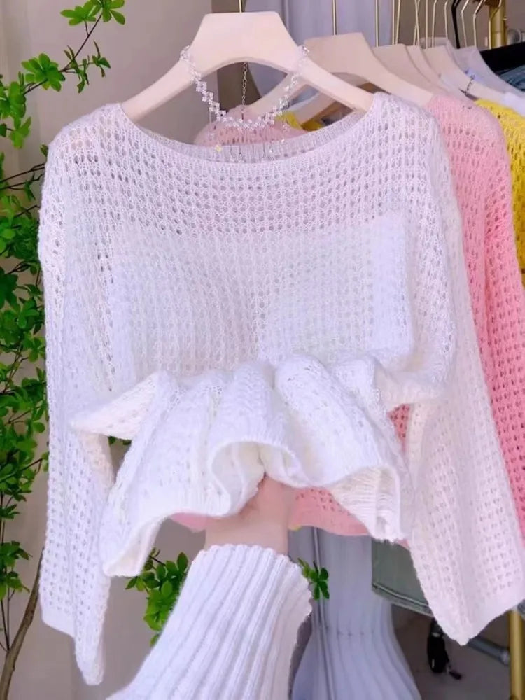 Thin Hollow Knit Cropped Sweater