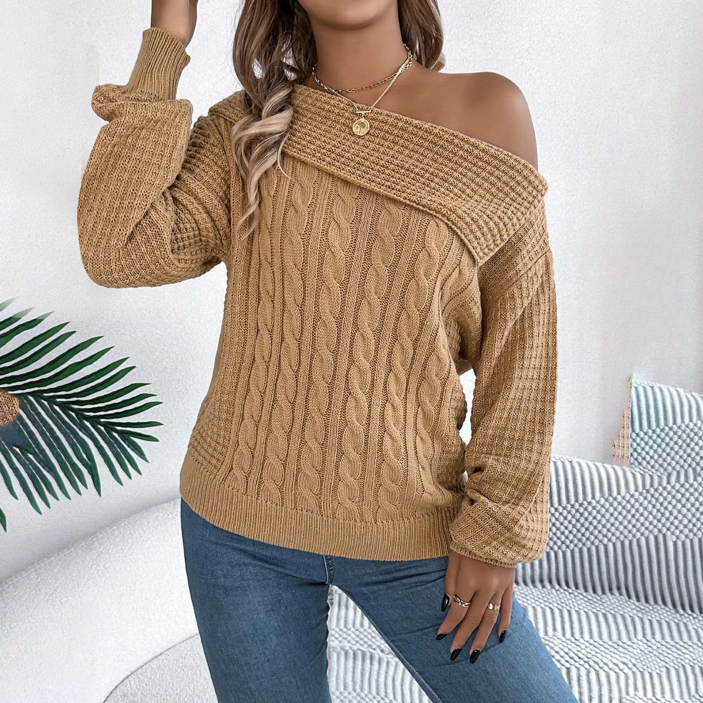 Sultry Draped Shoulder Knit Sweater