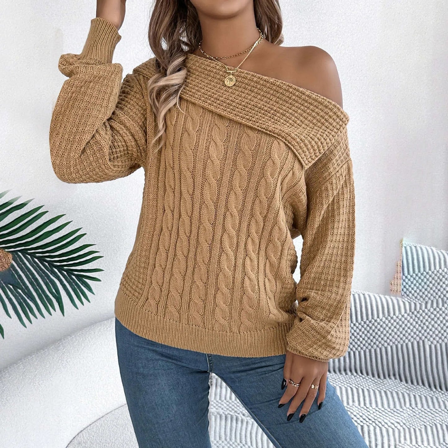 Sultry Draped Shoulder Knit Sweater Rich Allure