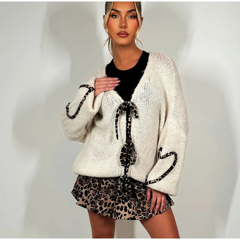 Leopard Lace-Up V-Neck Cardigan