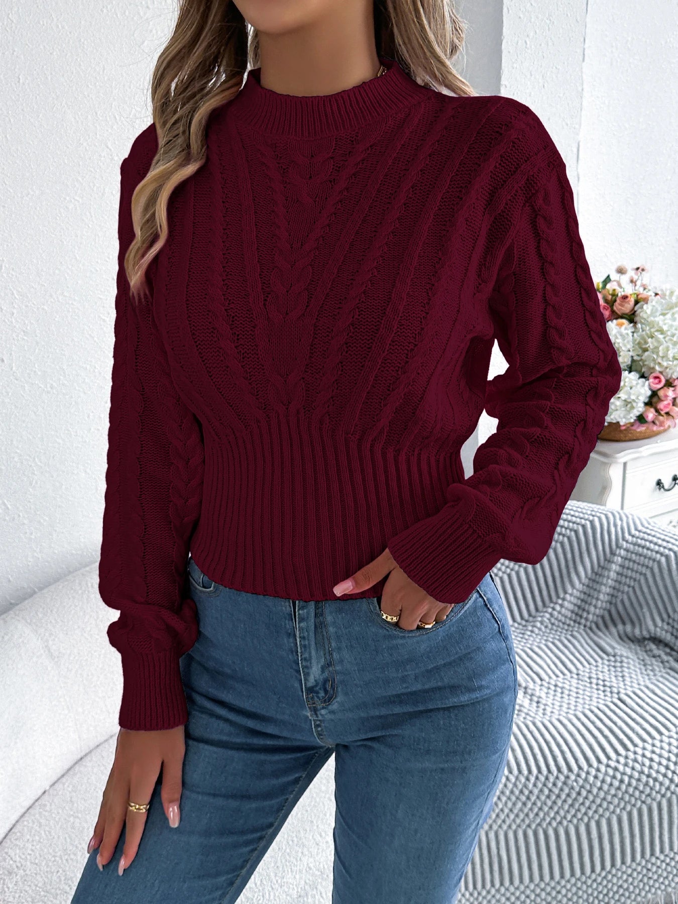 Women’s Solid Color Twist Knitted Sweater — Mock Neck