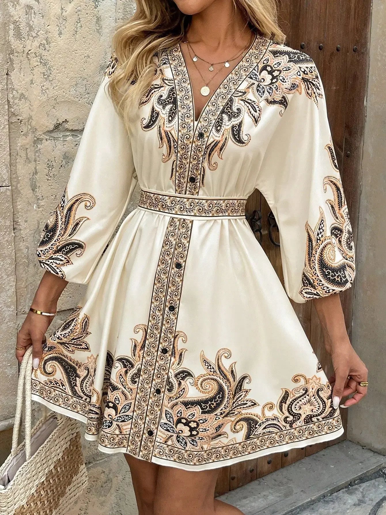 Golden Breeze V-Neck Tie Dress