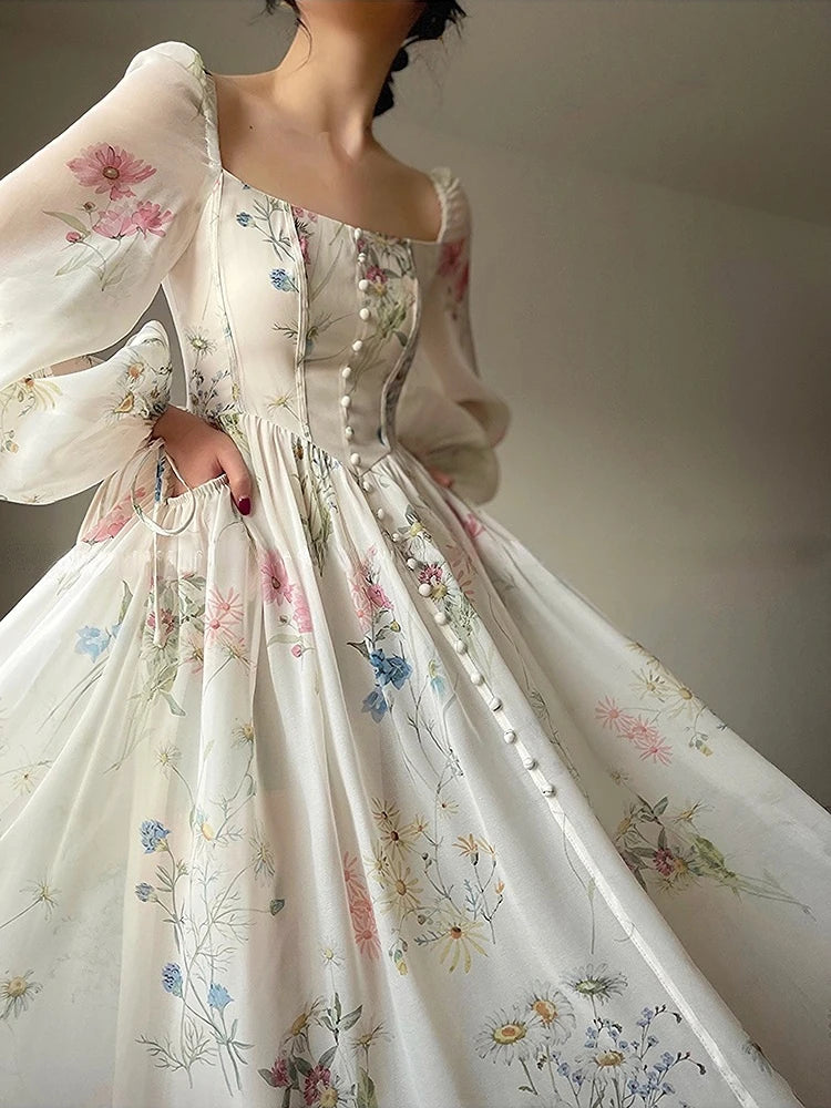 Vintage Square Neck Floral Dress