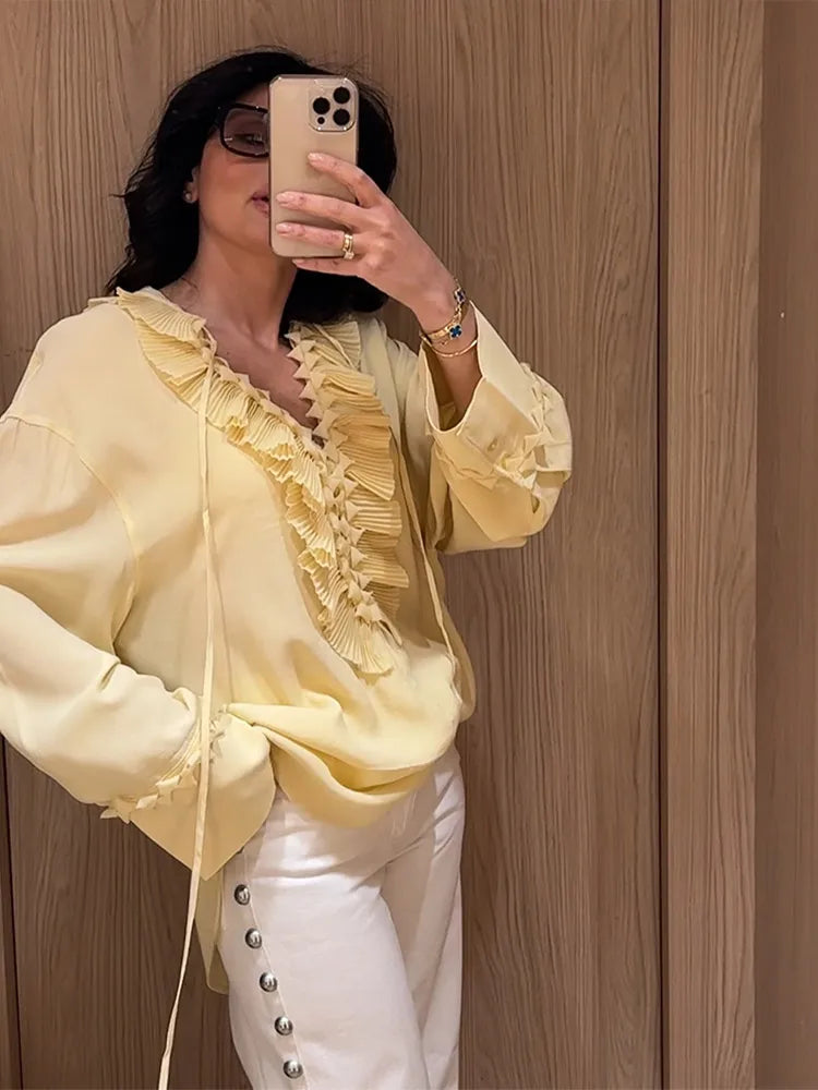 Golden Bloom Lace-Up Vacation Top Rich Allure