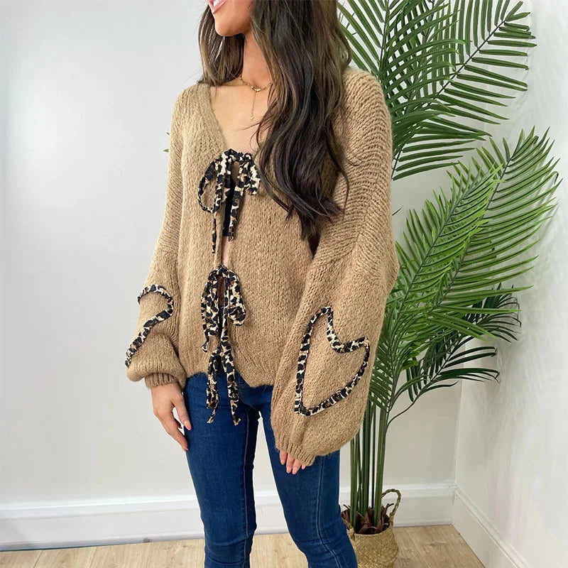 Leopard Lace-Up V-Neck Cardigan
