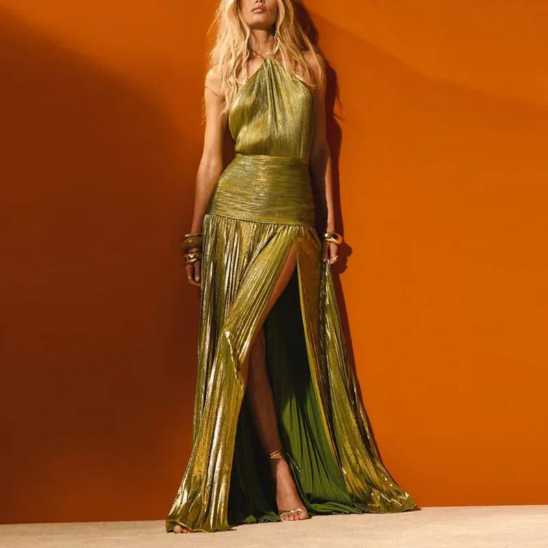 Gold Halter High Split Gown
