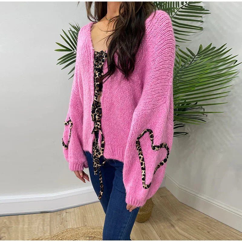 Leopard Lace-Up V-Neck Cardigan