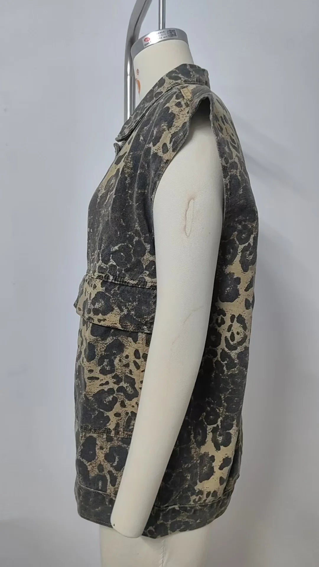 Leopard Denim Hooded Vest Jacket