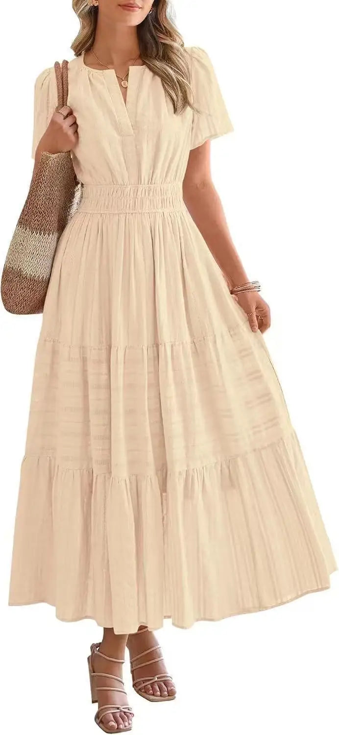 V-Neck Puff Sleeve Beach Dress