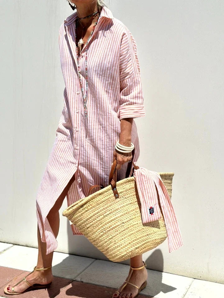 Blue and White Striped Split Shirt Dress