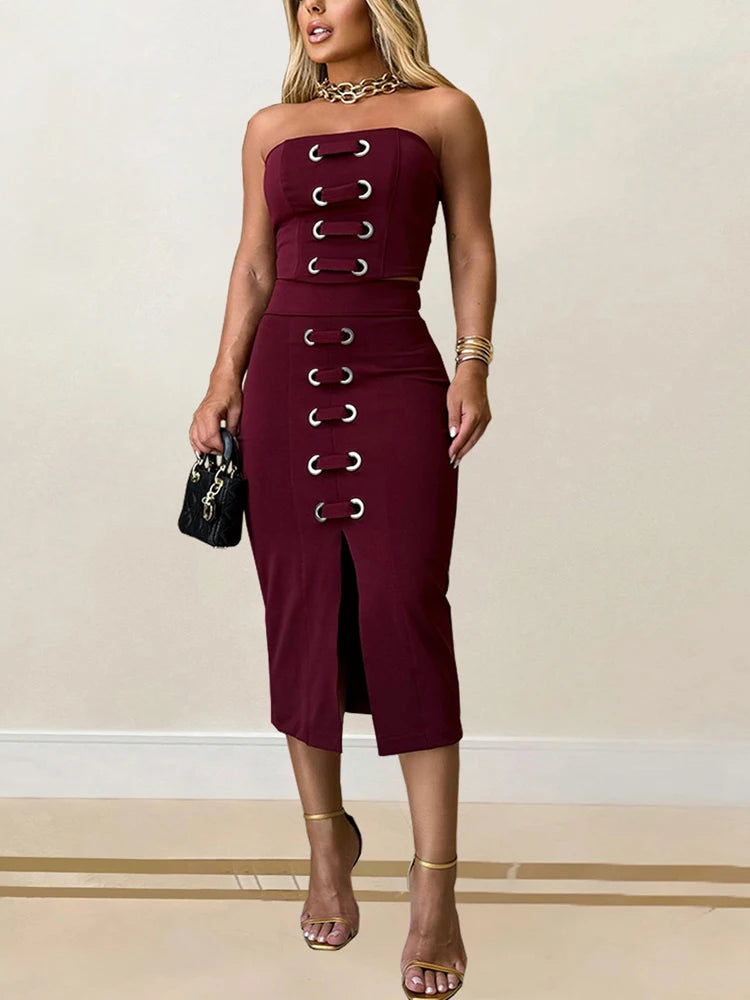 Midnight Bloom Lace-Up Skirt Set
