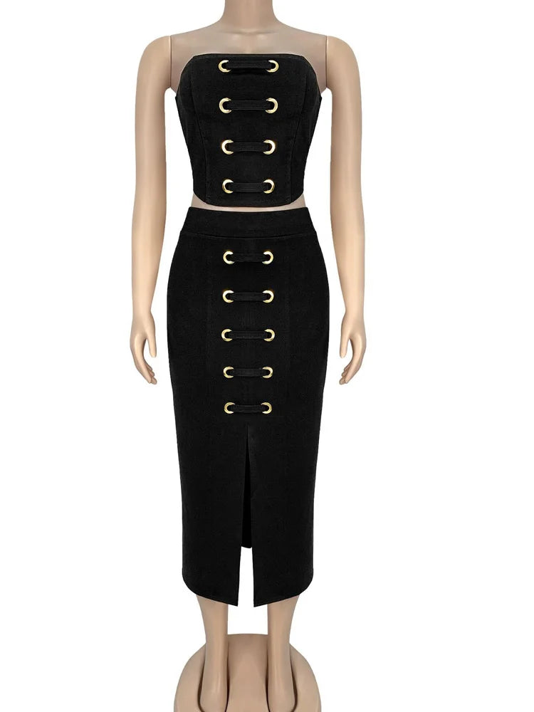 Midnight Bloom Lace-Up Skirt Set