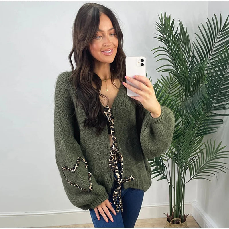 Leopard Lace-Up V-Neck Cardigan