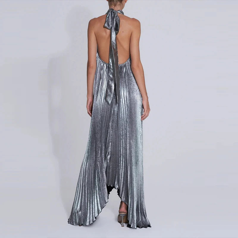 Gilded Glow Halter Swing Dress Rich Allure