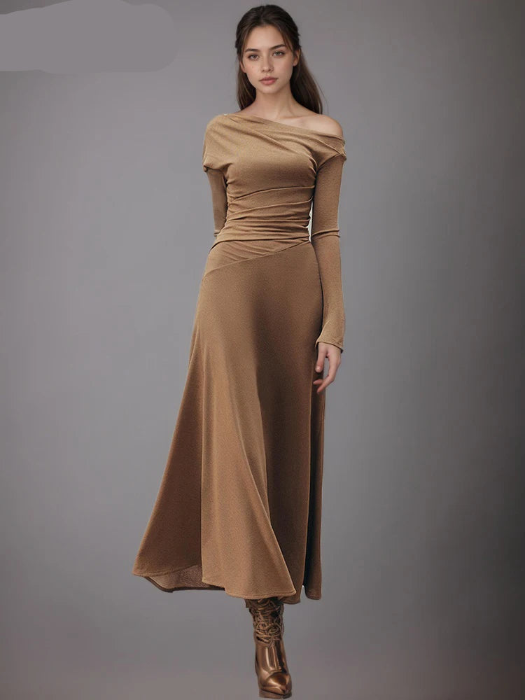 Crimson Drape One-Shoulder Knit Dress