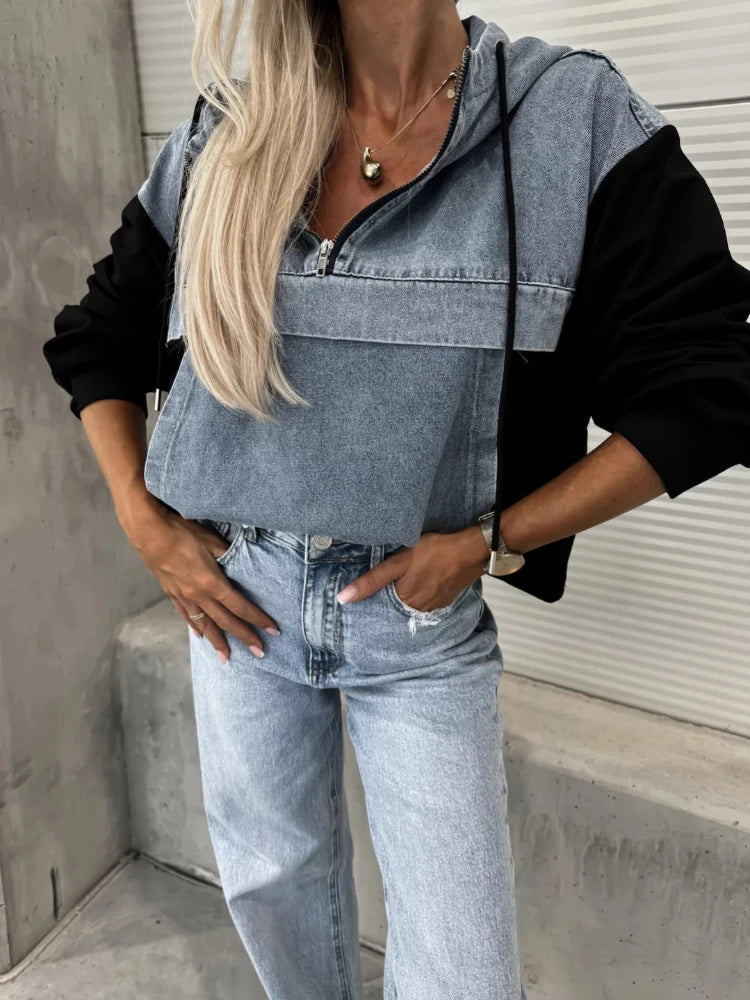 Denim Zip-Up Hooded Sweatshirt