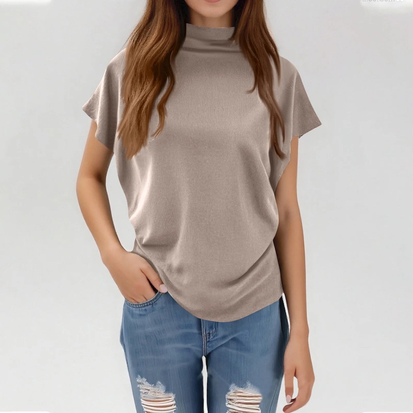 Soft Pleated Turtleneck Short Sleeve Top
