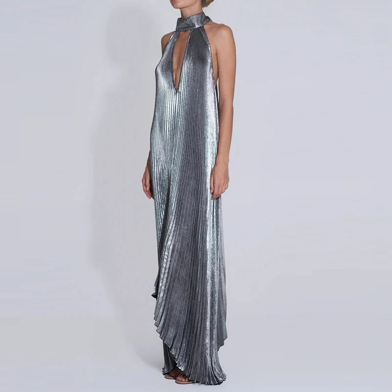 Gilded Glow Halter Swing Dress