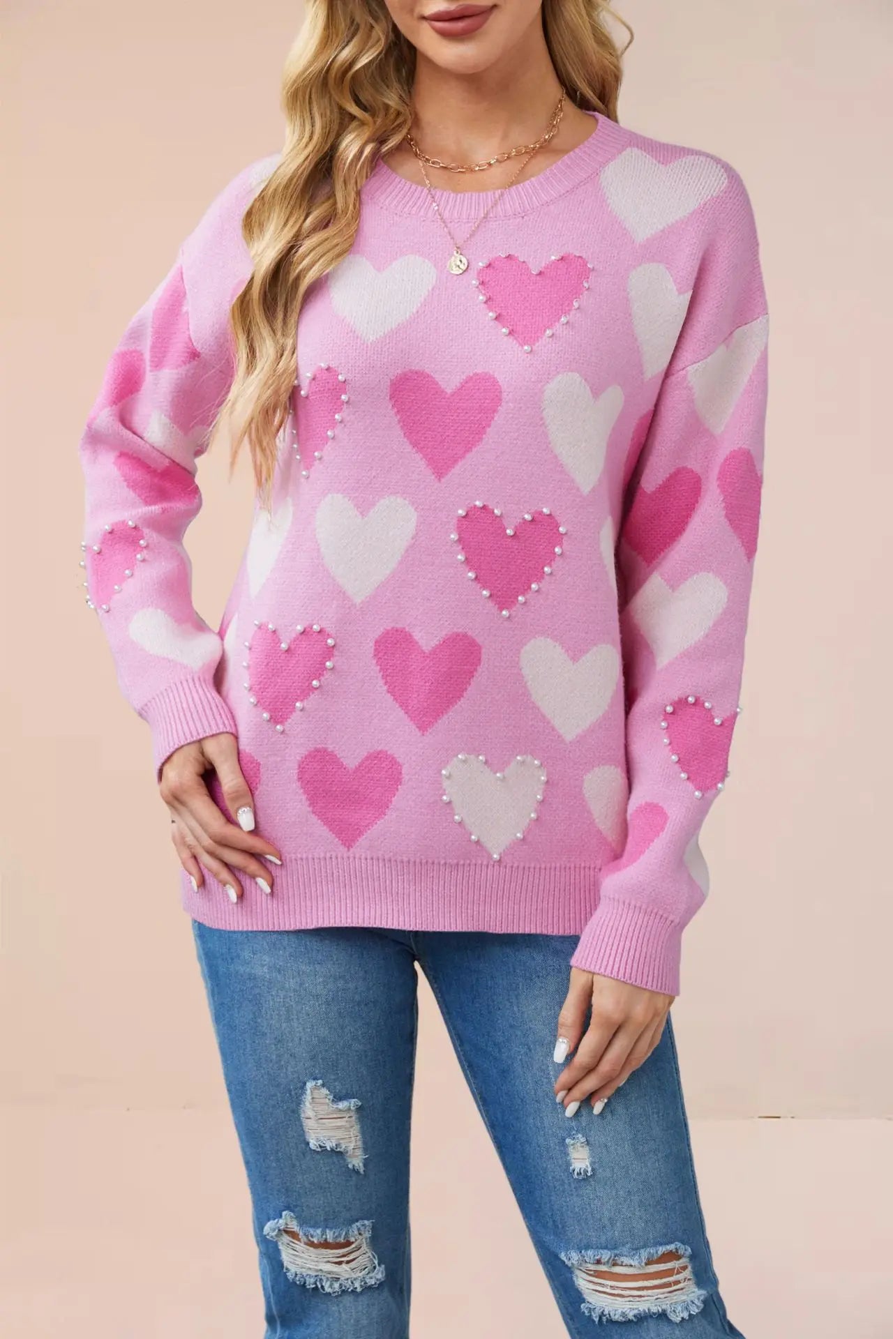 Pearl Heart Beaded Knit Pullover Sweater