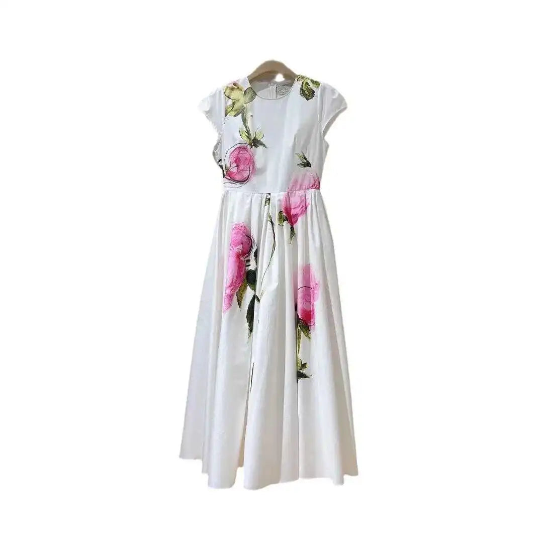 Flora Retro Pleated Satin Midi Dress