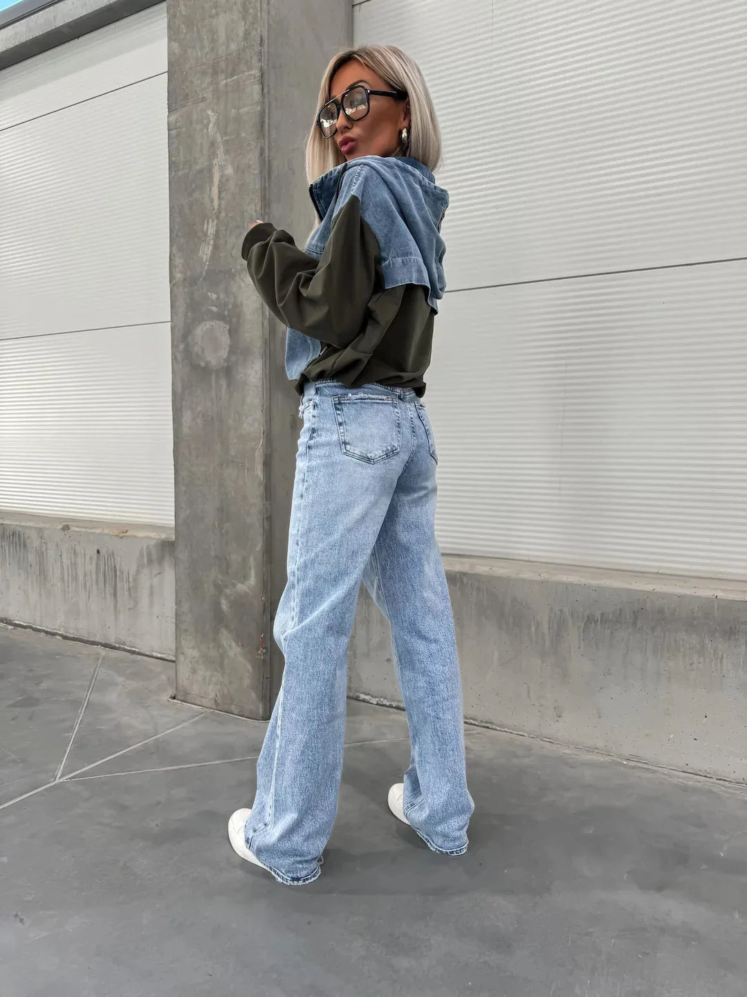 Denim Zip-Up Hooded Sweatshirt
