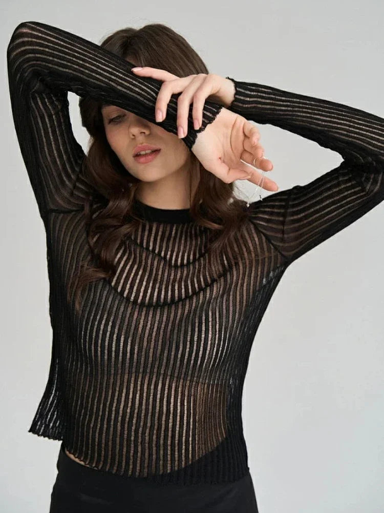 Luxe Sheer Striped Mesh Party Top Rich Allure