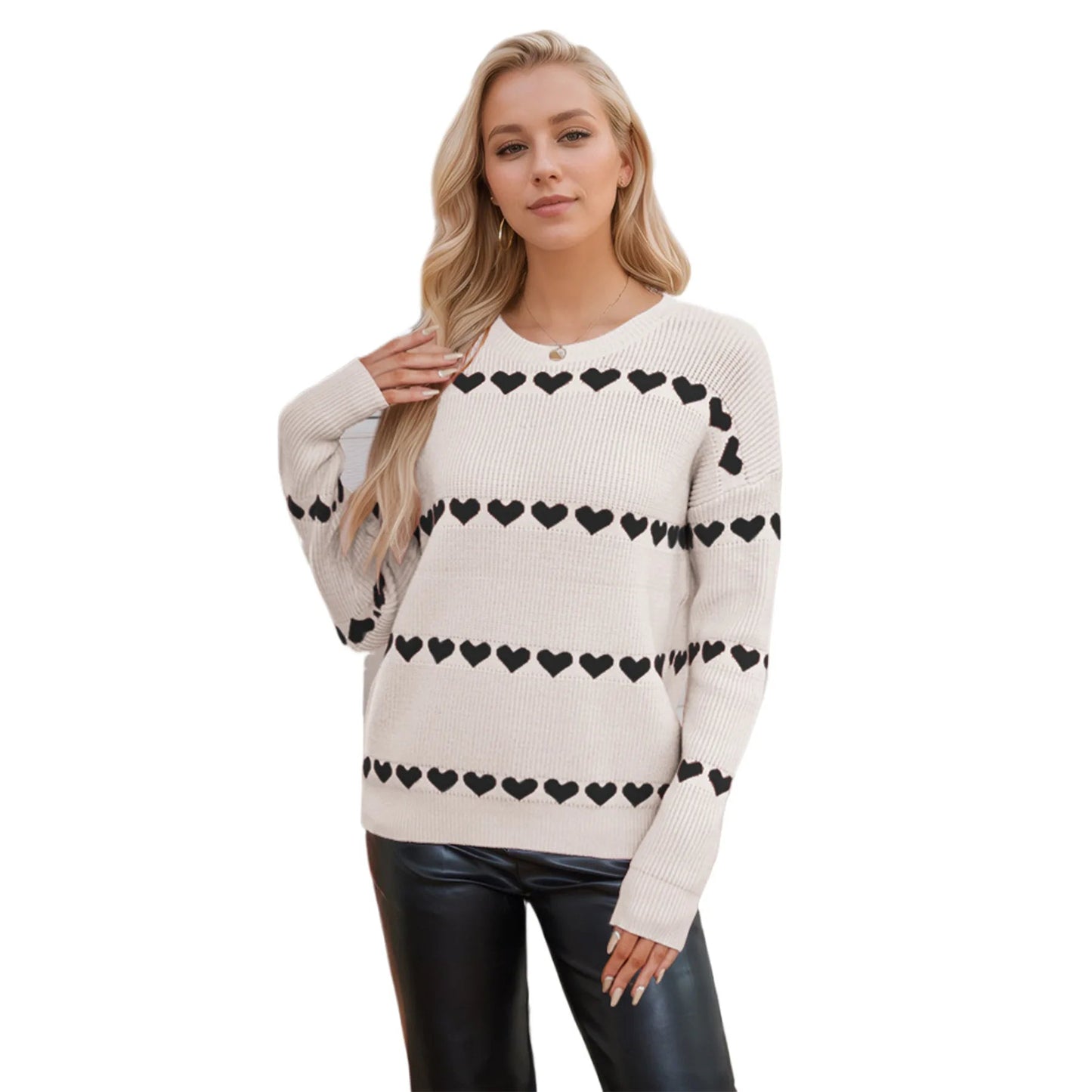 Cute Heart Print Knit Pullover Sweater Rich Allure