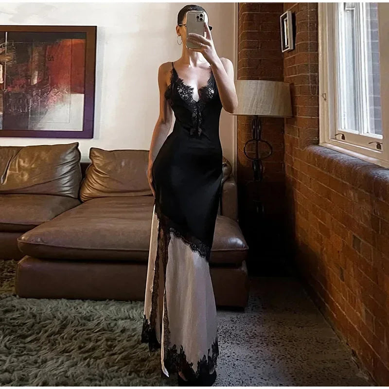 Satin Glow Lace Splice Dress