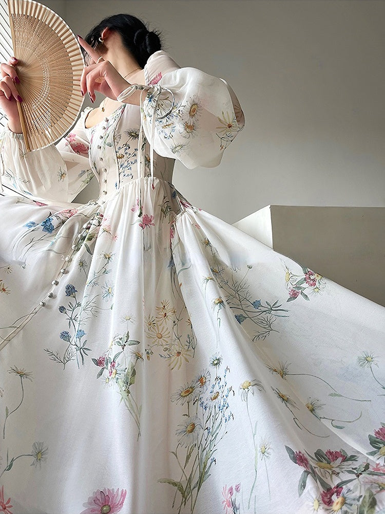 Vintage Square Neck Floral Dress Rich Allure