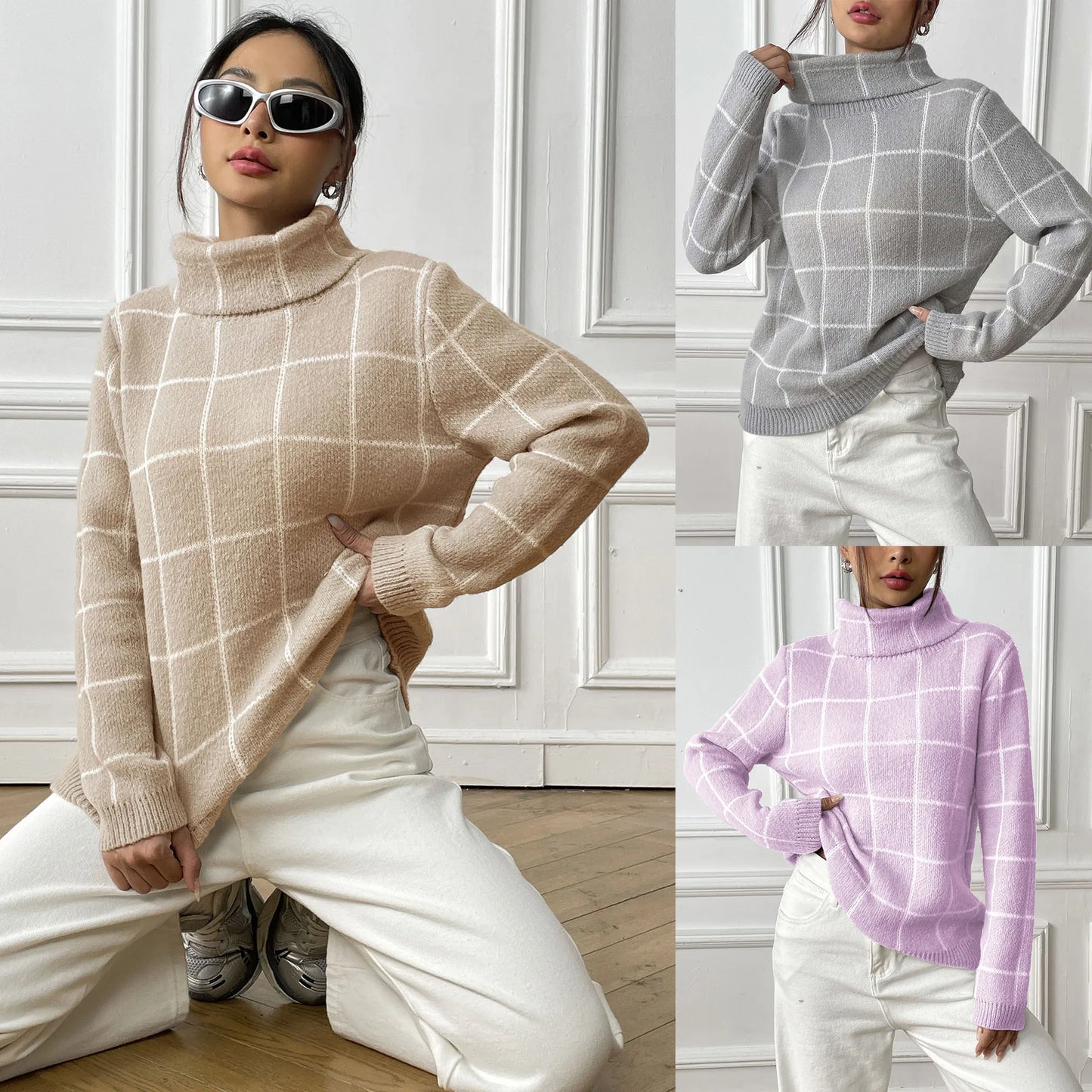 Plaid Muse Turtleneck Knit Sweater