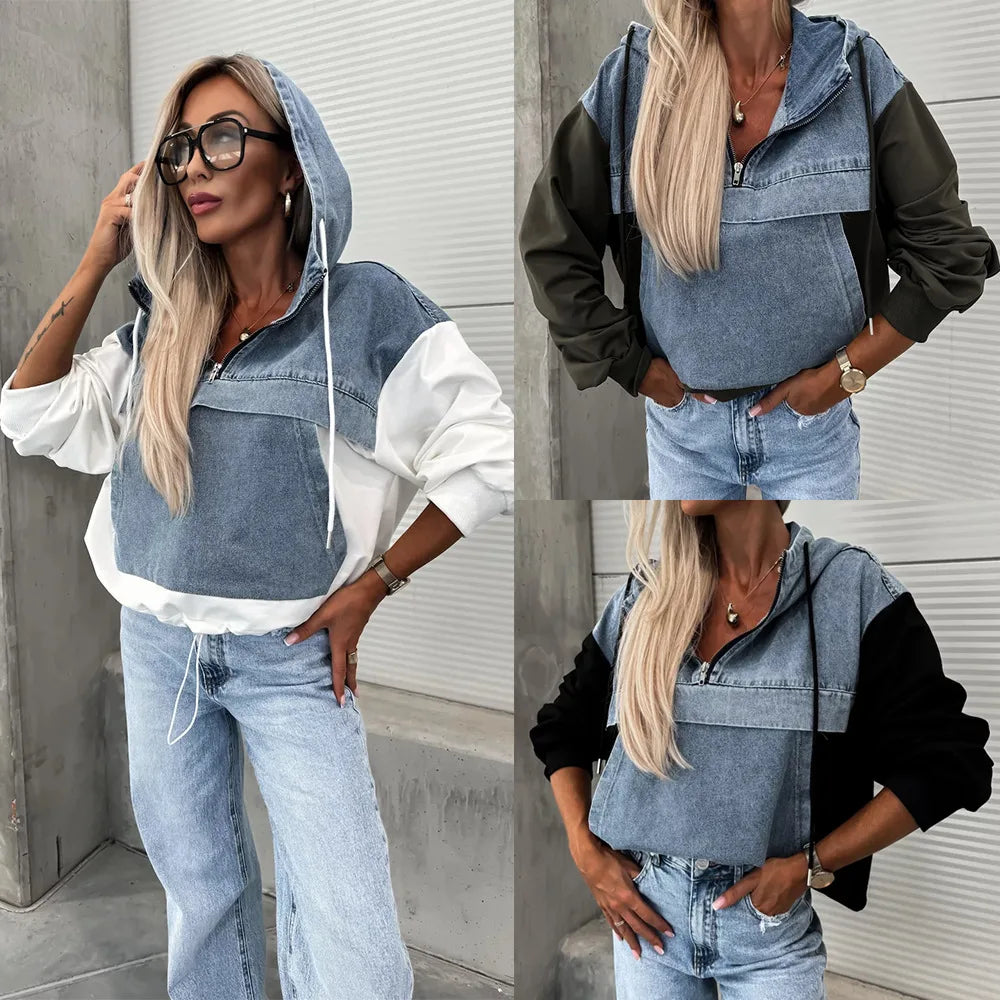 Denim Zip-Up Hooded Sweatshirt