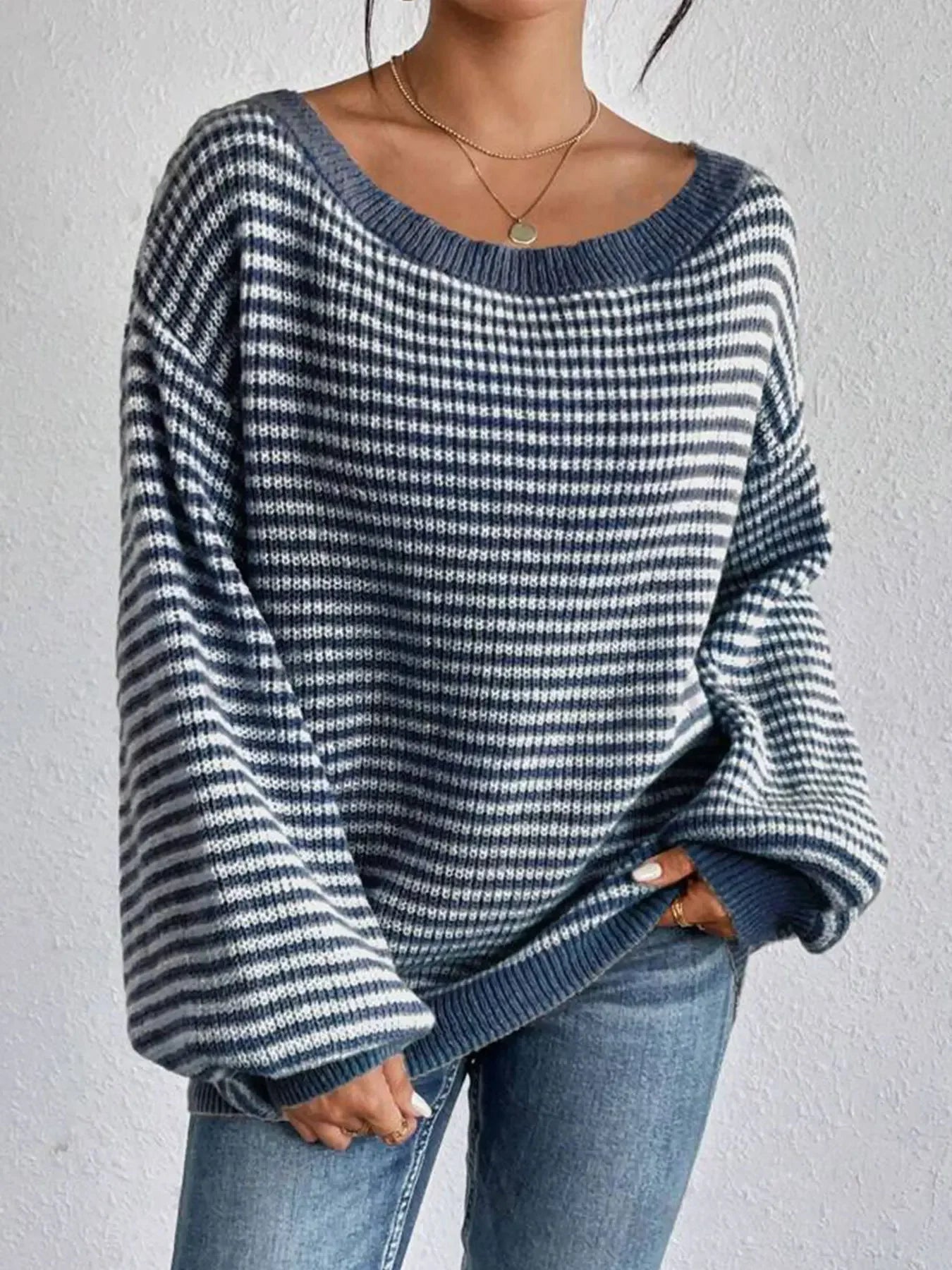 Stripe Lace Lantern Sleeve Knit Top