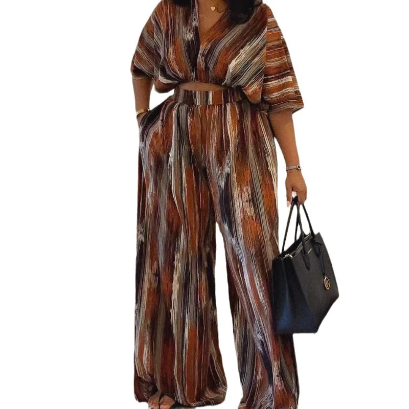 Striped V-Neck Two-Piece Set