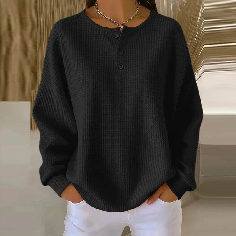 Button Design Pullover — Casual Long Sleeve Top