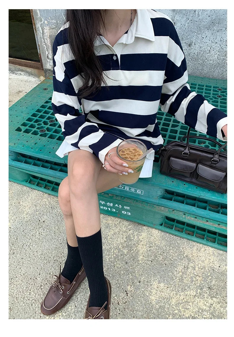 Loose Fit Striped Polo Sweatshirt