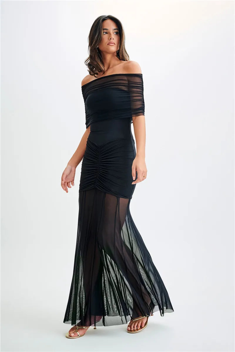 Midnight Allure Strapless Mesh Gown