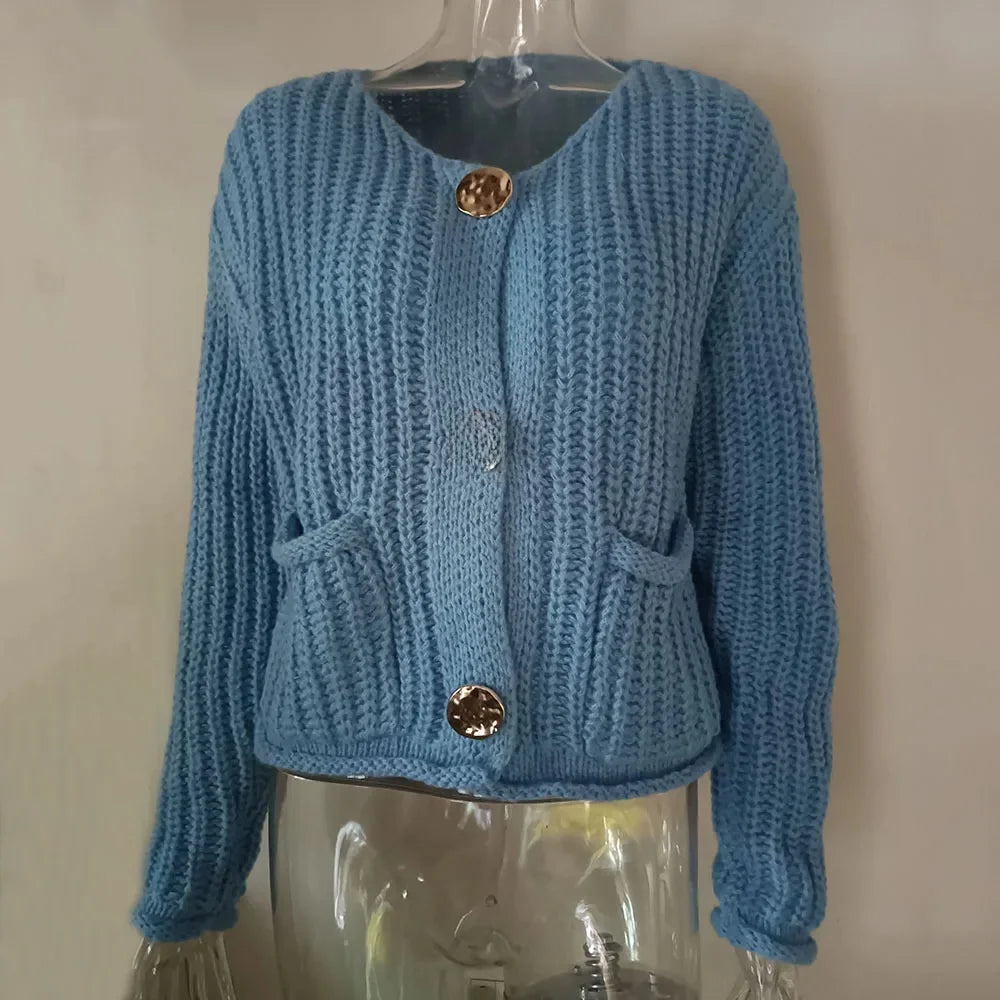V-Neck Buckle Knit Cardigan Rich Allure