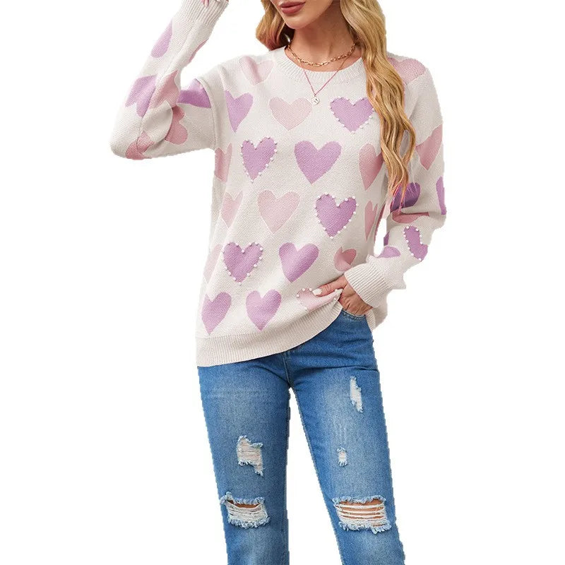 Pearl Heart Beaded Knit Pullover Sweater
