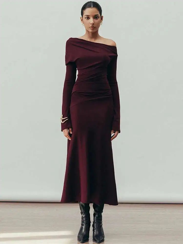Crimson Drape One-Shoulder Knit Dress
