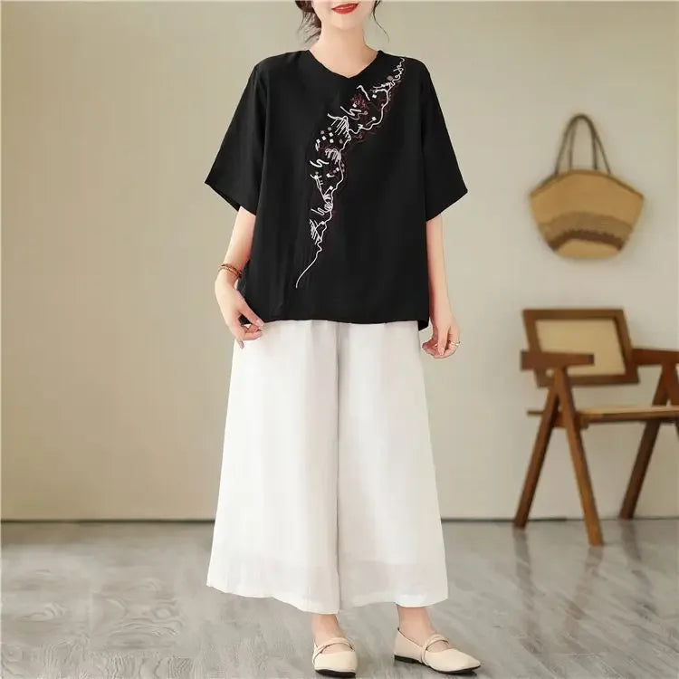 Lotus Whisper Embroidered Tea Blouse