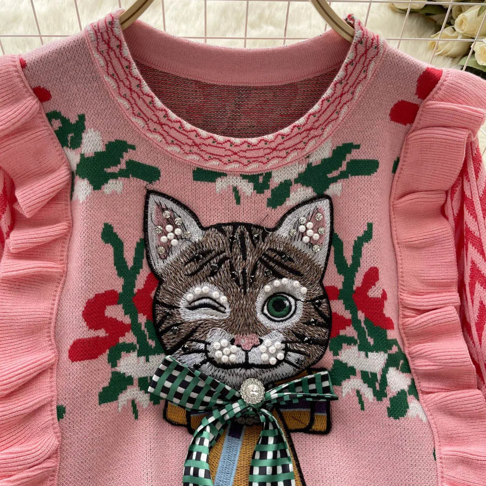 Whimsical Charm Cat Embroidered Sweater