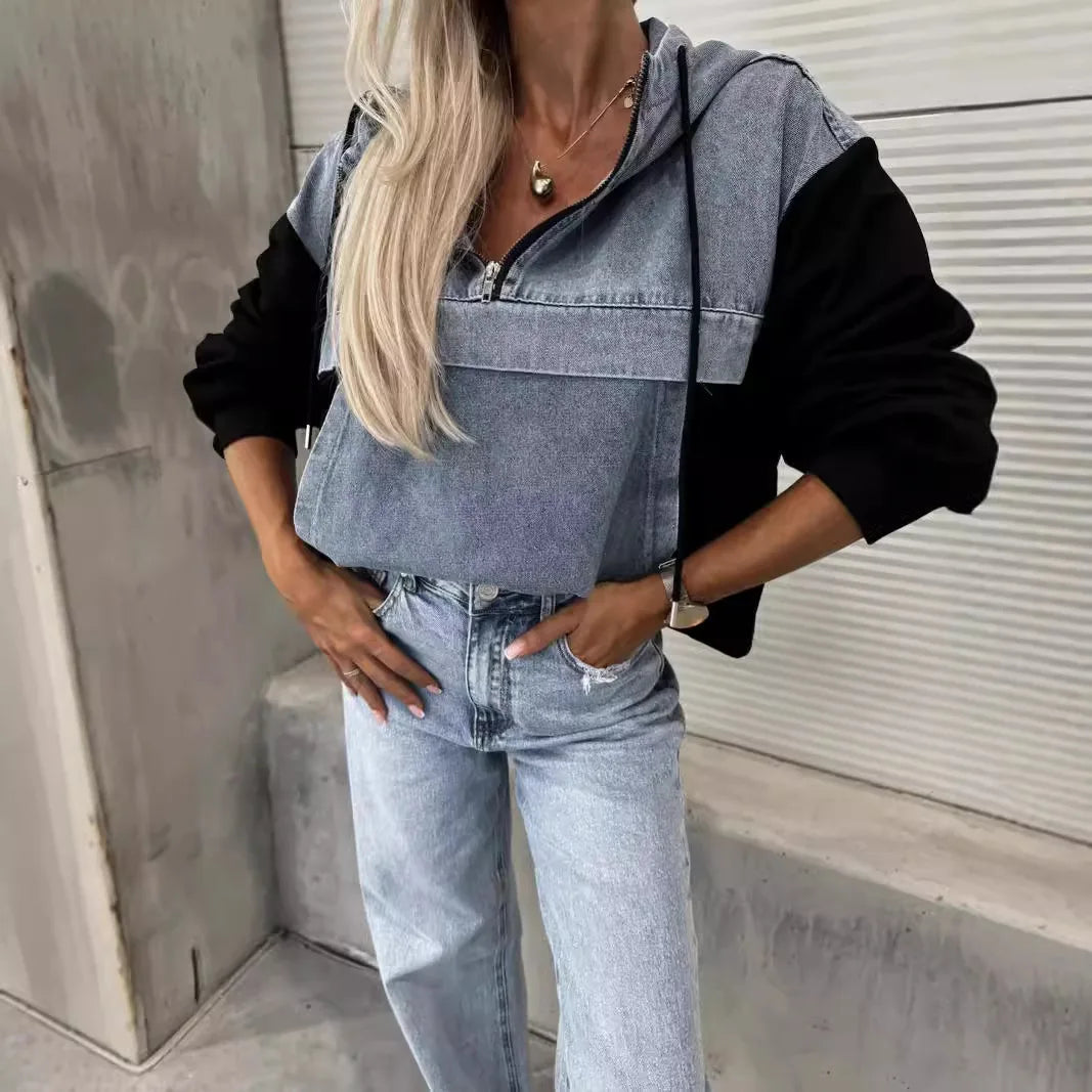 Denim Zip-Up Hooded Sweatshirt