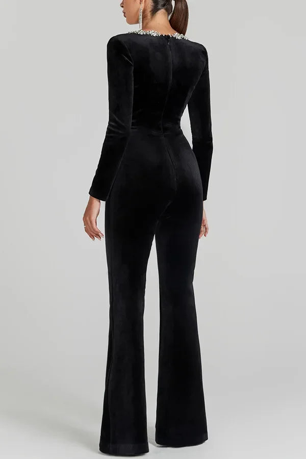 Black Velour Flare Jumpsuit