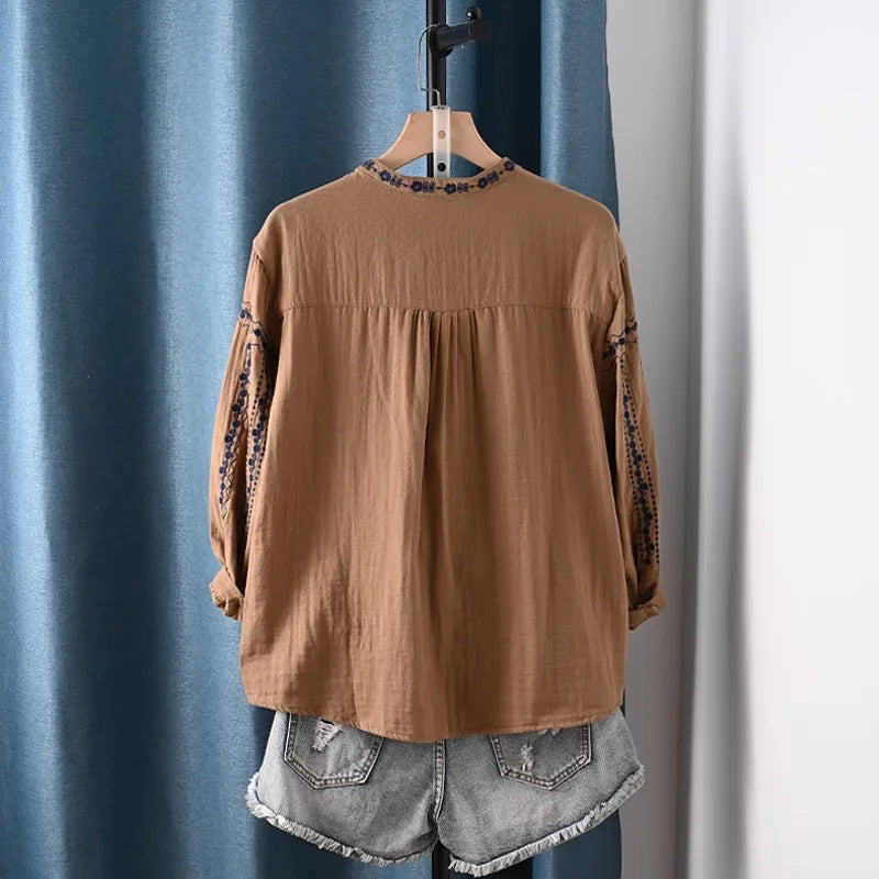 Boho Bloom Embroidered Cotton Shirt
