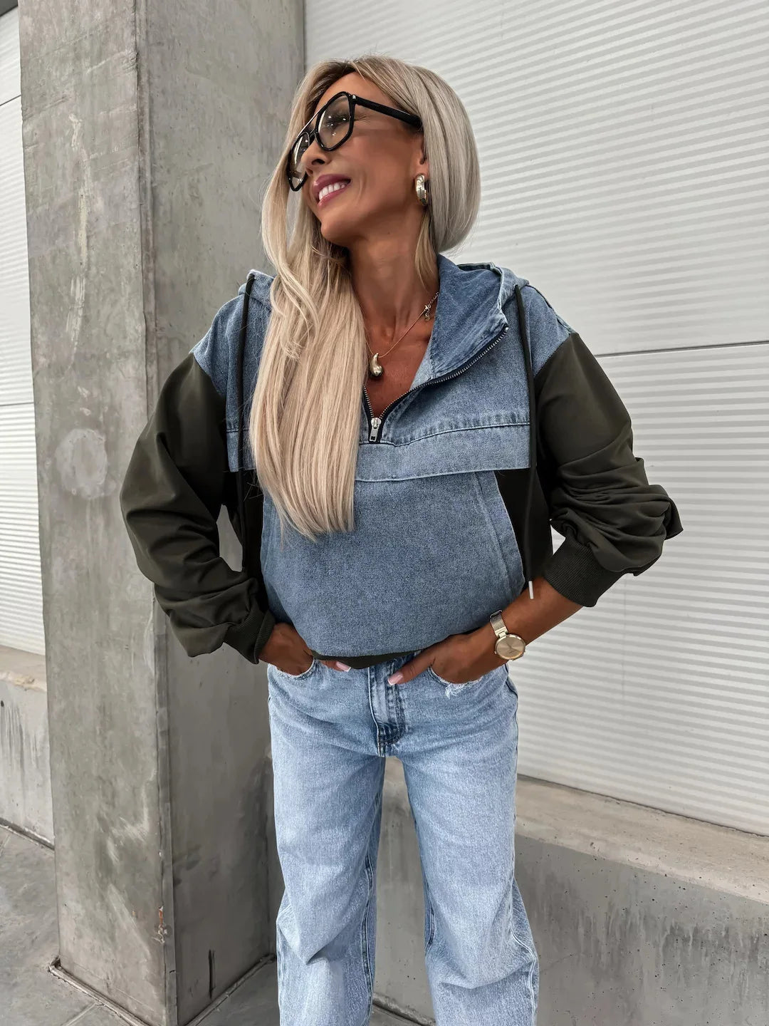 Denim Zip-Up Hooded Sweatshirt