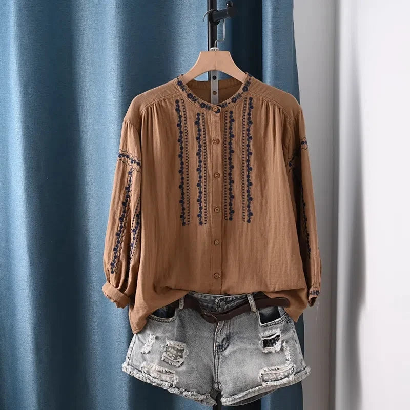 Boho Bloom Embroidered Cotton Shirt